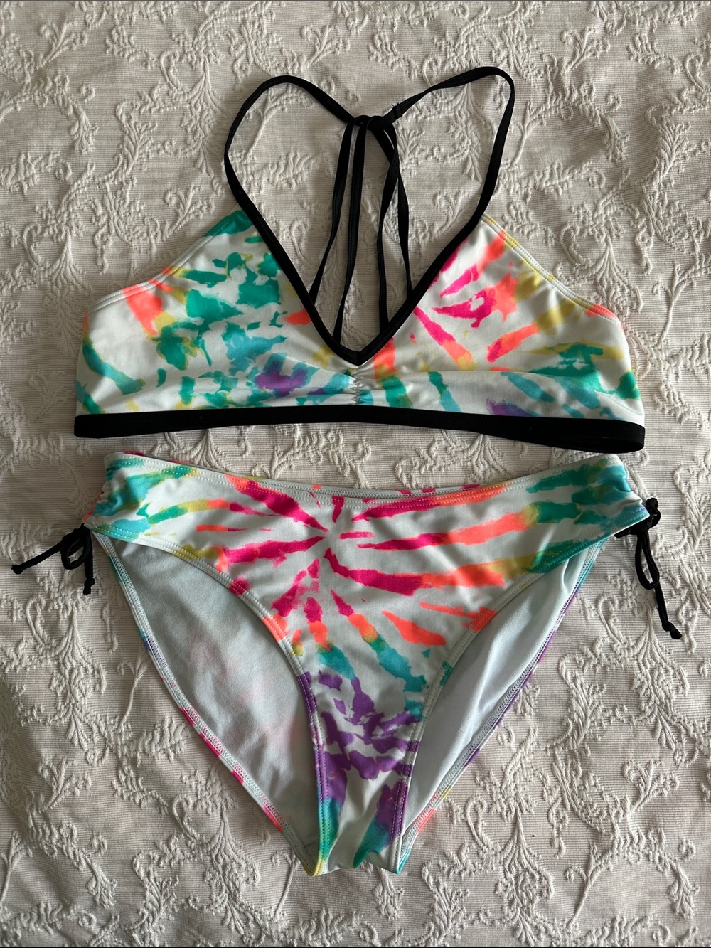 Tie-Dye Neon Two-Piece Bikini with Black Trim